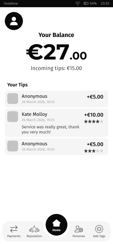 dab app showing your balance and incoming tips