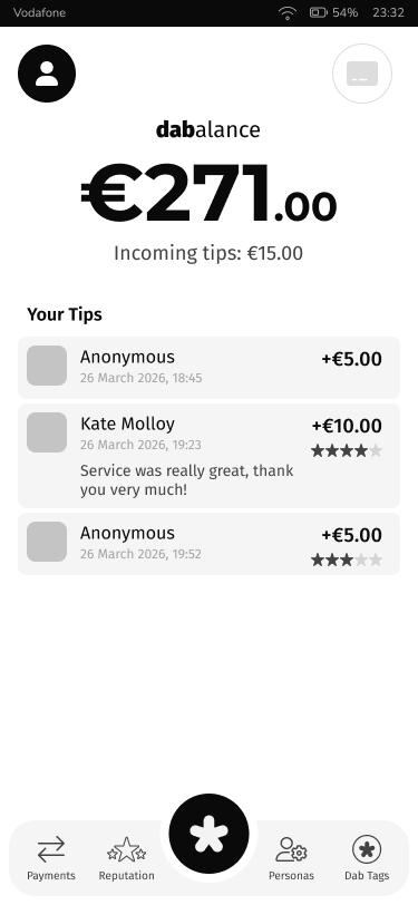 dab app home screen showing your balance and a live list of incoming tips